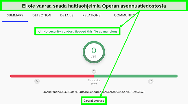 Kuvakaappaus haittaohjelmien tarkistuksesta, jossa ei näy viruksia Operan asennustiedostossa.