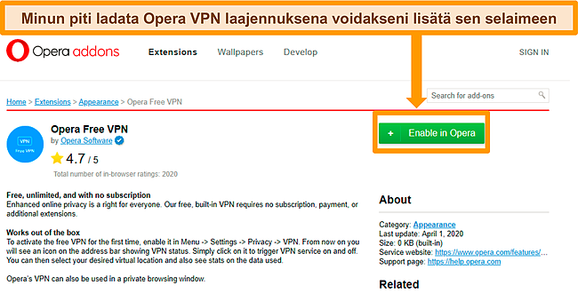 Kuvakaappaus Opera VPN -lisäverkkosivustosta.