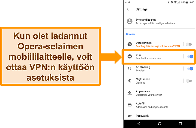 Kuvakaappaus Android Opera -selaimen asetusvalikosta, jossa näkyy VPN -vaihtoehto käytössä.