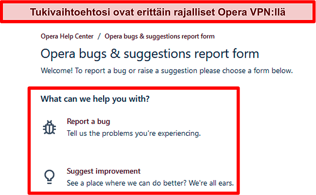 Kuvakaappaus Opera VPN -verkkovirheiden raportointi- ja ehdotussivulta.