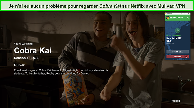 Capture d'écran de Mullvad VPN débloquant Cobra Kai sur Netflix.