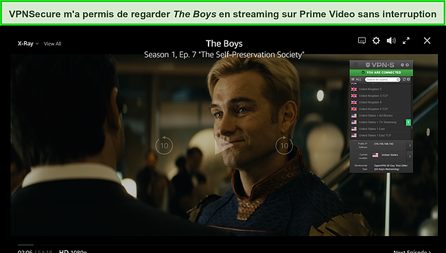 Capture d'écran de VPNSecure débloquant The Boys sur Prime Video.