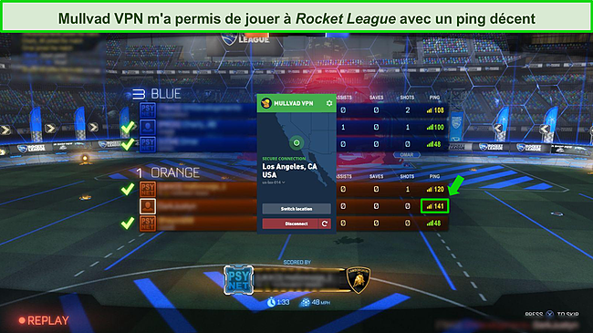 Capture d'écran du gameplay de Rocket League en étant connecté à Mullvad VPN.