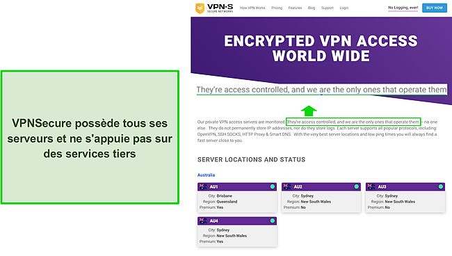 Capture d'écran de la liste des serveurs de VPNsecure.