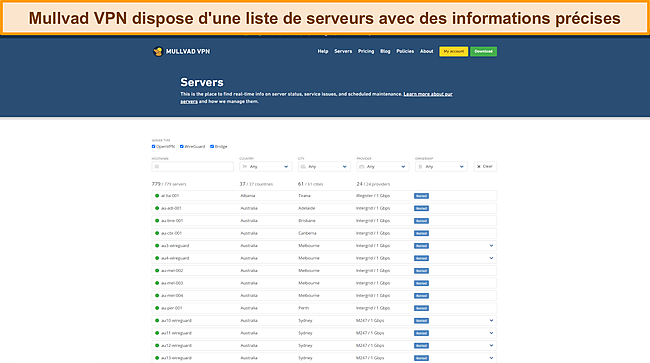 Capture d'écran de la liste d'état du serveur VPN Mullvad.