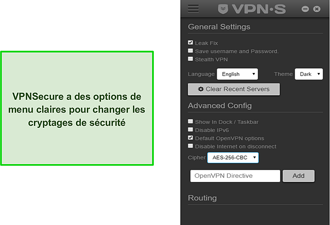 Capture d'écran du menu de configuration in-app de VPNSecure.