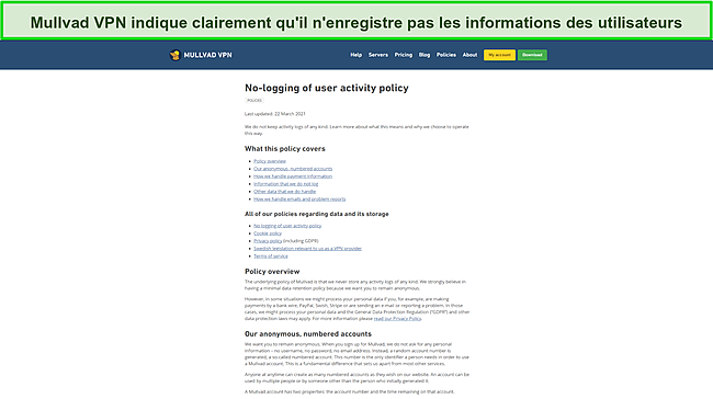 Capture d'écran montrant la politique de non-journalisation du VPN Mullvad.