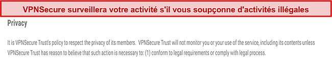 Capture d'écran de la politique de confidentialité de VPNSecure.