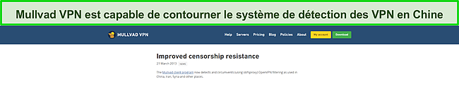 Capture d'écran montrant un article de blog de Mullvad VPN qui explique comment il peut contourner le système de détection chinois.