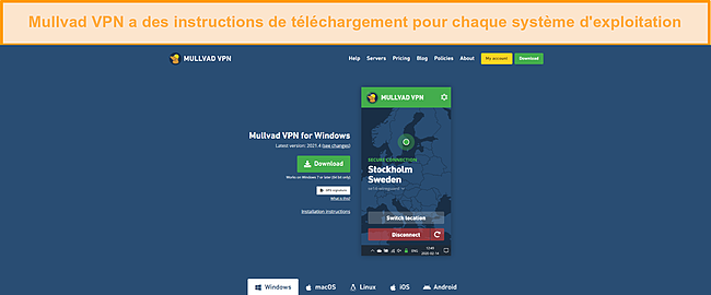 Capture d'écran d'une page de téléchargement pour Mullvad VPN.