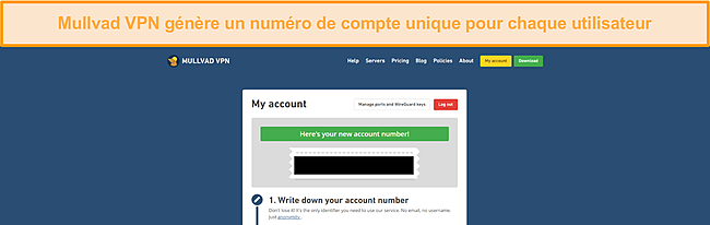 Capture d'écran de la page de numéro de compte générée par Mullvad VPN.
