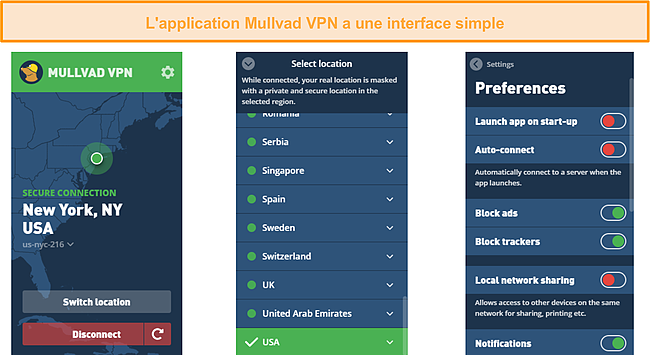 Capture d'écran des menus de l'interface de l'application Mullvad VPN.