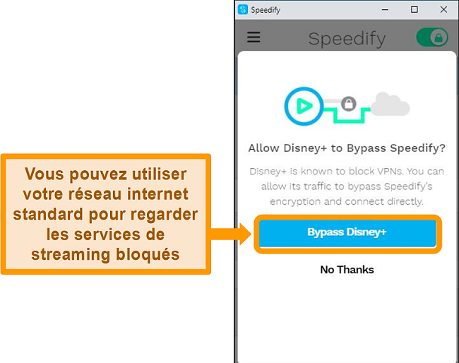 Capture d'écran de l'interface utilisateur de Speedify montrant une option de contournement pour Disney +