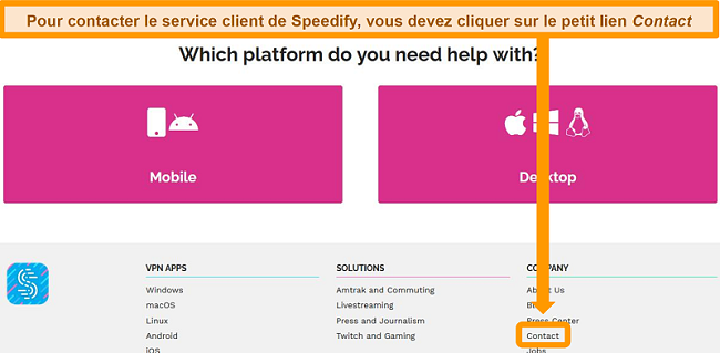Capture d'écran de la page d'assistance sur le site Web de Speedify