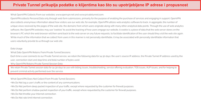 Snimka zaslona pravila prikupljanja, zadržavanja i korištenja podataka privatnog tunela.