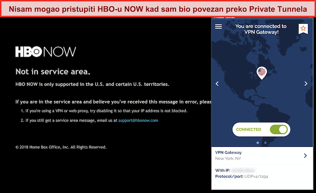 Snimka zaslona HBO-a SADA blokira vezu iz privatnog tunela