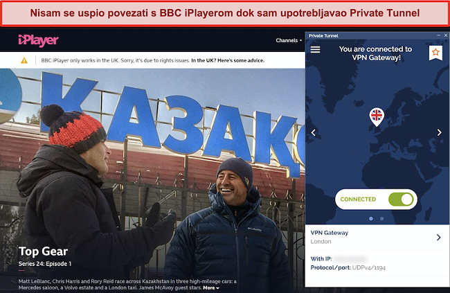 Snimka zaslona BBC iPlayera koji blokira privatni tunel