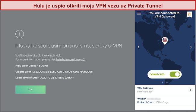 Snimka zaslona Hulua koji blokira VPN vezu privatnog tunela