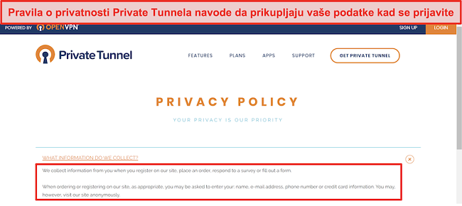 Snimka zaslona politike privatnosti privatnog tunela