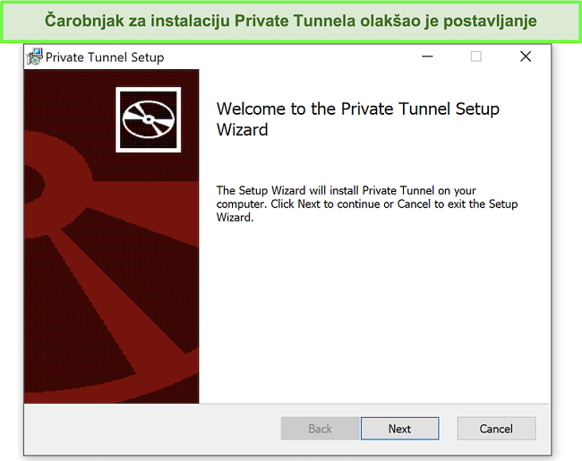 Snimka zaslona čarobnjaka za instalaciju privatnog tunela.