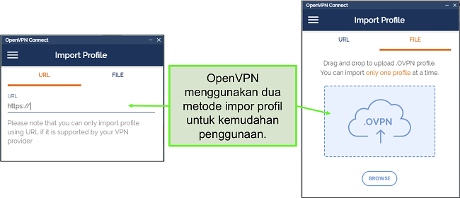 Cuplikan layar dari dua cara Anda dapat mengimpor profil server ke UI OpenVPN.