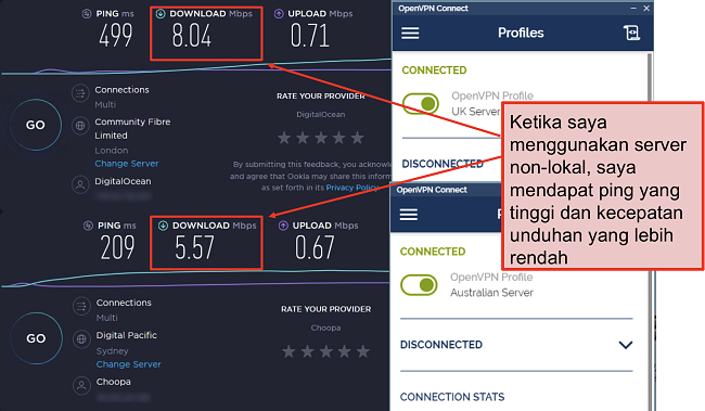 tangkapan layar dari dua tes kecepatan, satu dengan server London, satu lagi dengan server Sydney