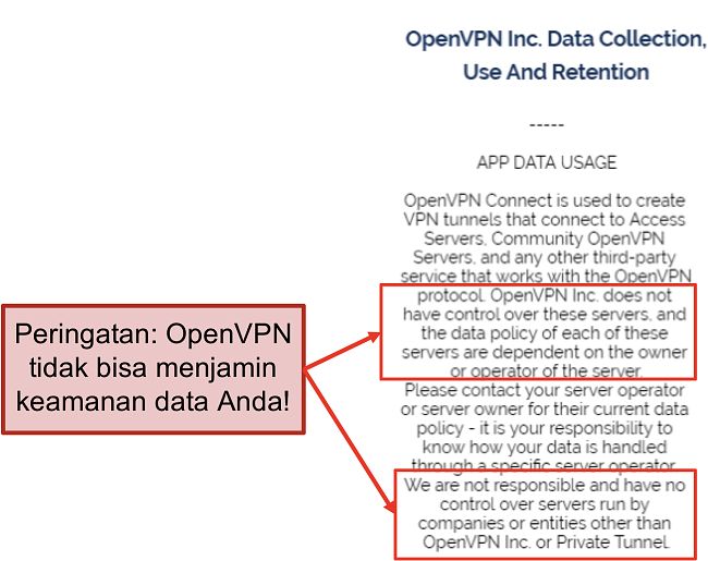 tangkapan layar kebijakan privasi OpenVPN.