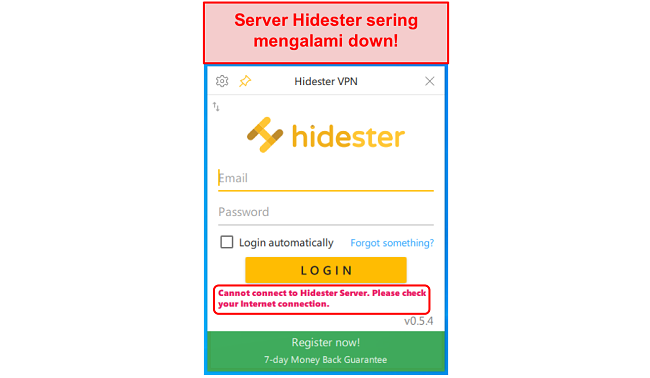 Tangkapan layar Hidester tidak dapat terhubung