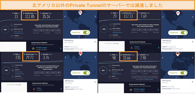 プライベートトンネル接続を介した4つの速度テストのスクリーンショット。