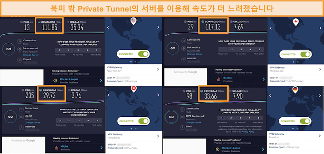 Private Tunnel 연결을 통한 4 가지 속도 테스트 스크린 샷.