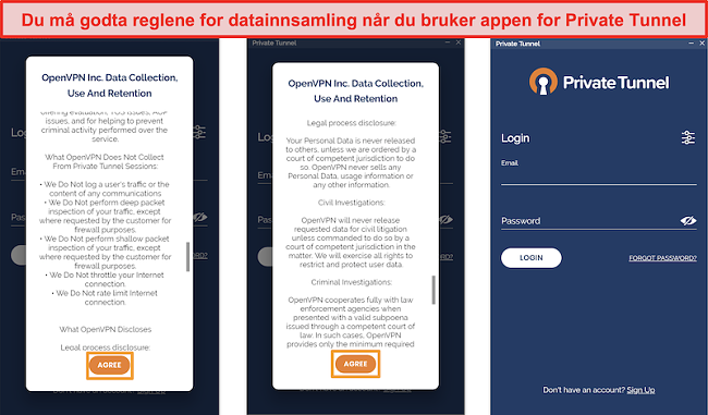 Skjermbilde av Private Tunnels app med retningslinjer for datainnsamling, bruk og oppbevaring