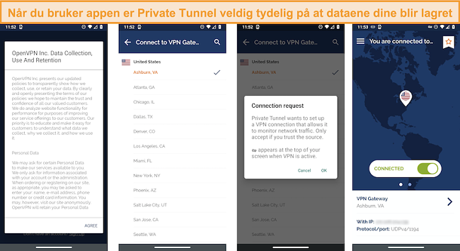 Skjermbilde av appen Privat tunnel som viser policyen for datainnsamling, bruk og oppbevaring, inkludert en popup som avslører at en nettverkstilkobling overvåkes.