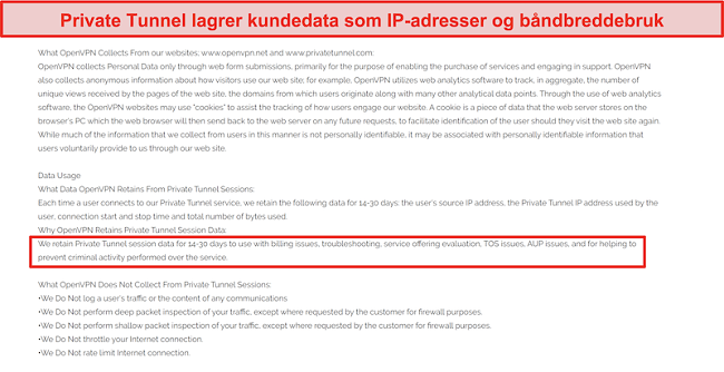 Skjermbilde av Private Tunnels policy for datainnsamling, oppbevaring og bruk.