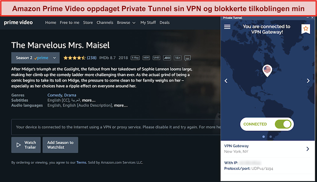 Skjermbilde av Amazon Prime som blokkerer Private Tunnel