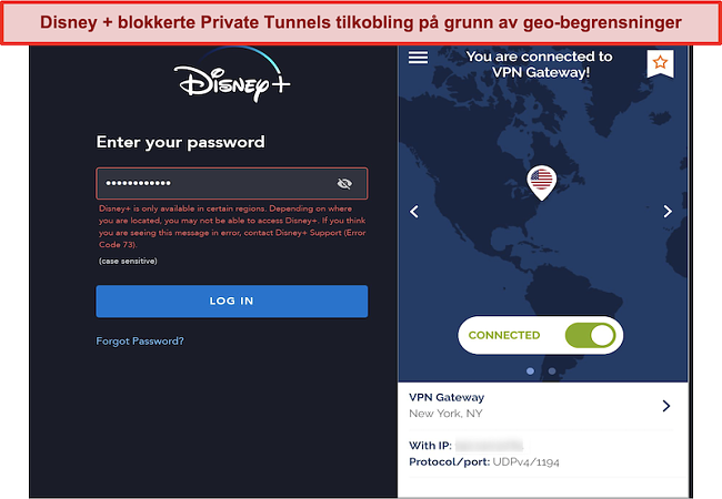 Skjermbilde av Disney + som blokkerer en privat tunnelforbindelse