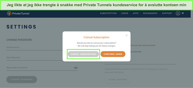 Skjermbilde av Private Tunnels abonnementsavbrytelsesprosess.