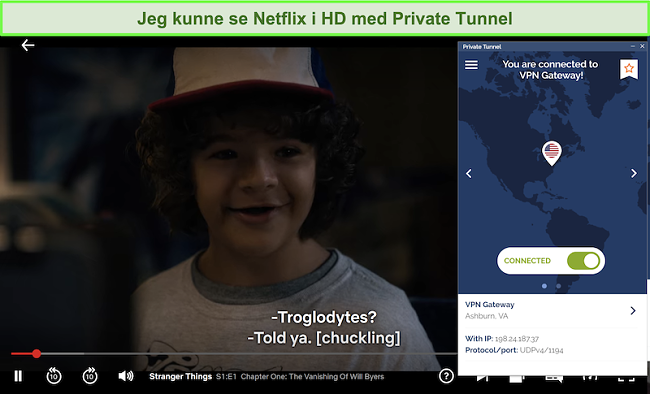 skjermbilde av Netflix som spiller Stranger Things mens den er koblet til VA-serveren