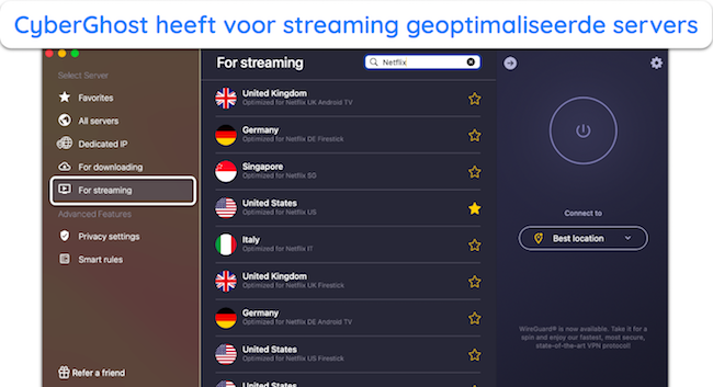 Screenshot van de geoptimaliseerde servers van CyberGhost voor Netflix