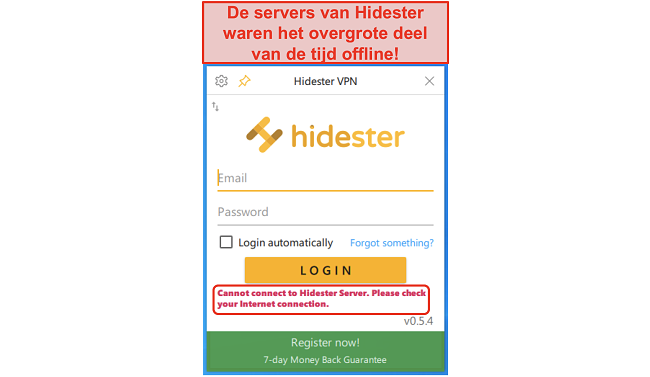 Screenshot van Hidester kan geen verbinding maken