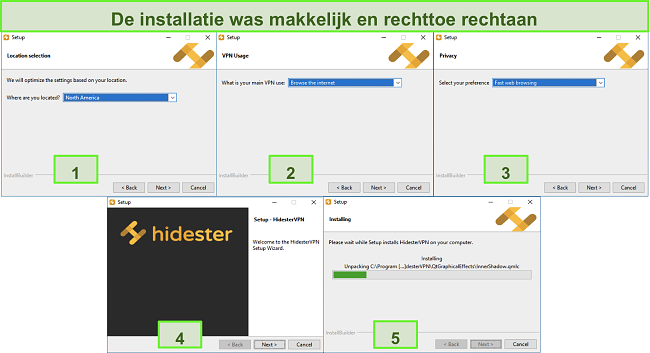 Skjermbilder av Hidesters installasjonsprosess