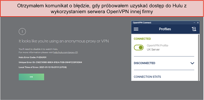 Zrzut ekranu błędu Hulu VPN z otwartą aplikacją OpenVPN.