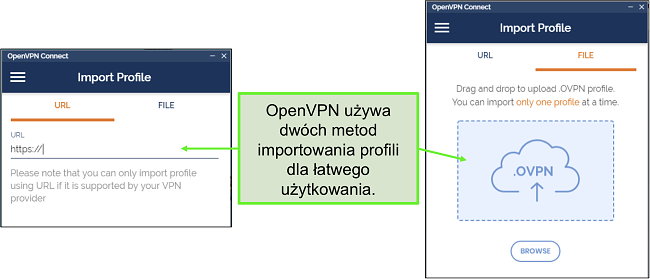 Zrzut ekranu przedstawiający dwa sposoby importowania profili serwerów do interfejsu użytkownika OpenVPN.