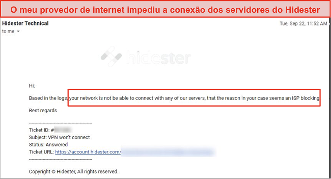 Captura de tela do Hidester bloqueado pelo ISP