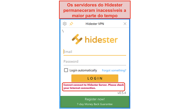 Captura de tela de Hidester incapaz de se conectar