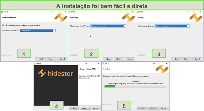 Capturas de tela do processo de instalação do Hidester