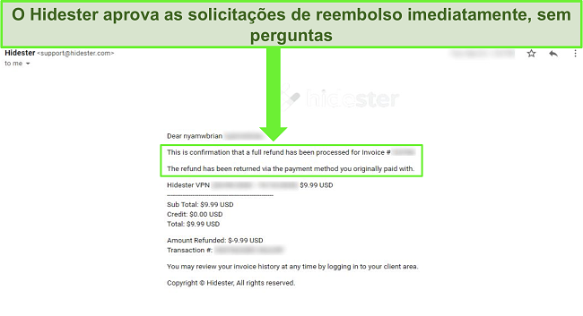 Captura de tela do suporte do Hidester aprovando reembolso