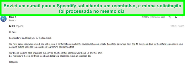 Captura de tela de um e-mail do suporte do Speedify processando uma solicitação de reembolso