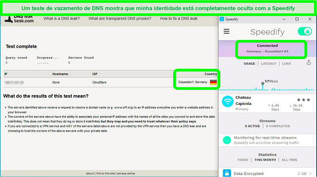 Captura de tela de um teste de vazamento de DNS enquanto o Speedify está conectado a um servidor alemão