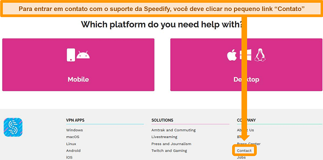 Captura de tela da página de suporte no site do Speedify