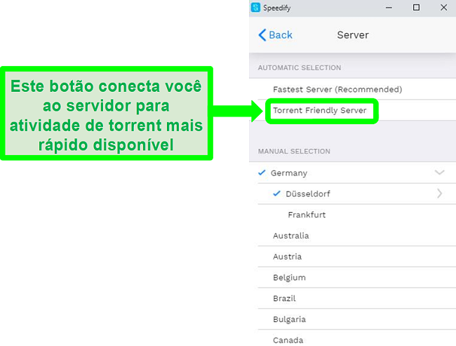 Captura de tela do menu de seleção de servidor do Speedify